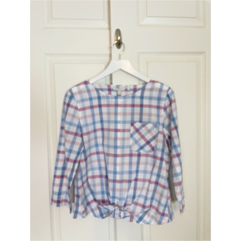 Barbour Harbourside Plaid Blouse Tie Hem Cotton Top NWT Sz 8 - Picture 2 of 10